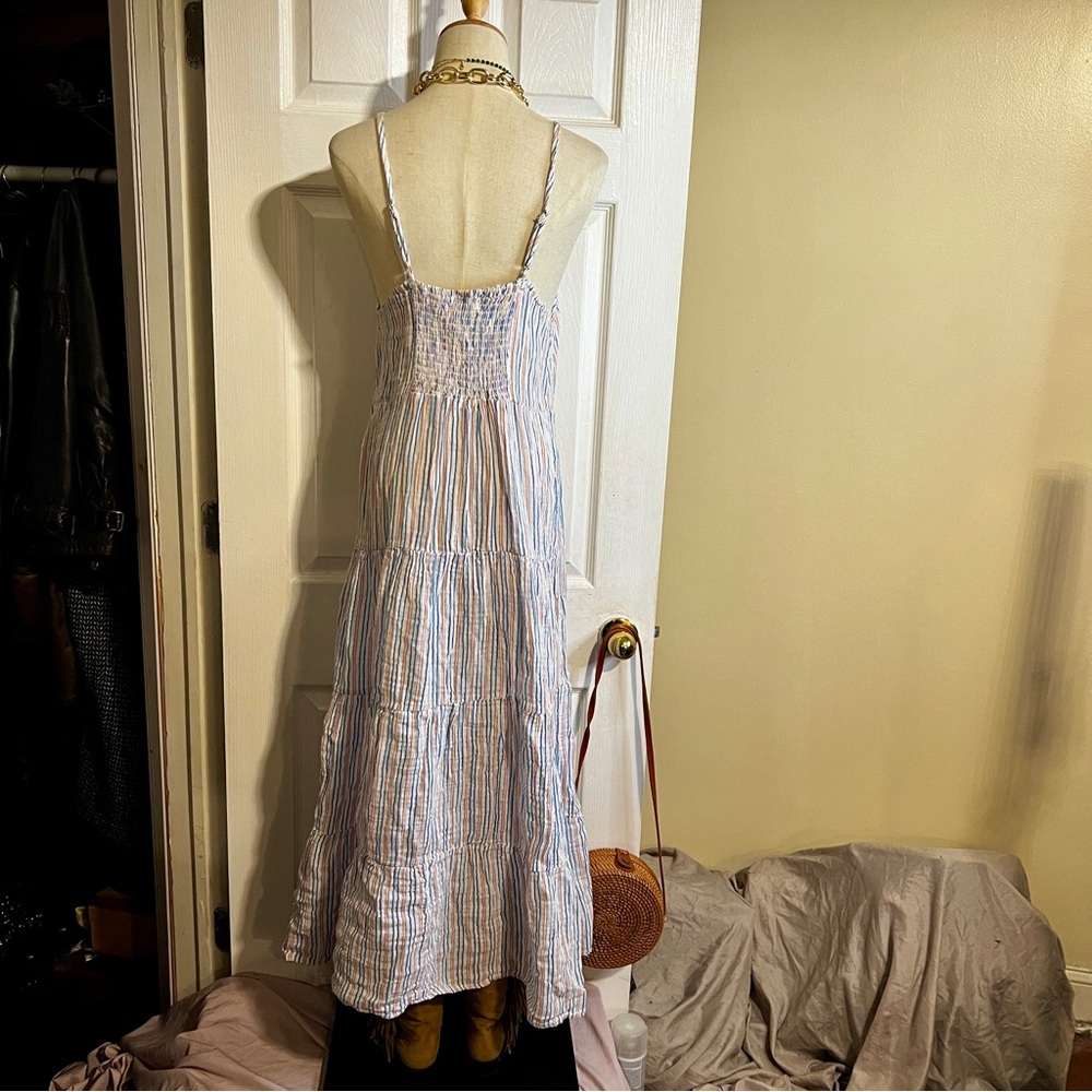 New Women’s Pinstriped 100% Cotton Tiered Gauzy Prairie Festival Maxi Dress M - Picture 4 of 9